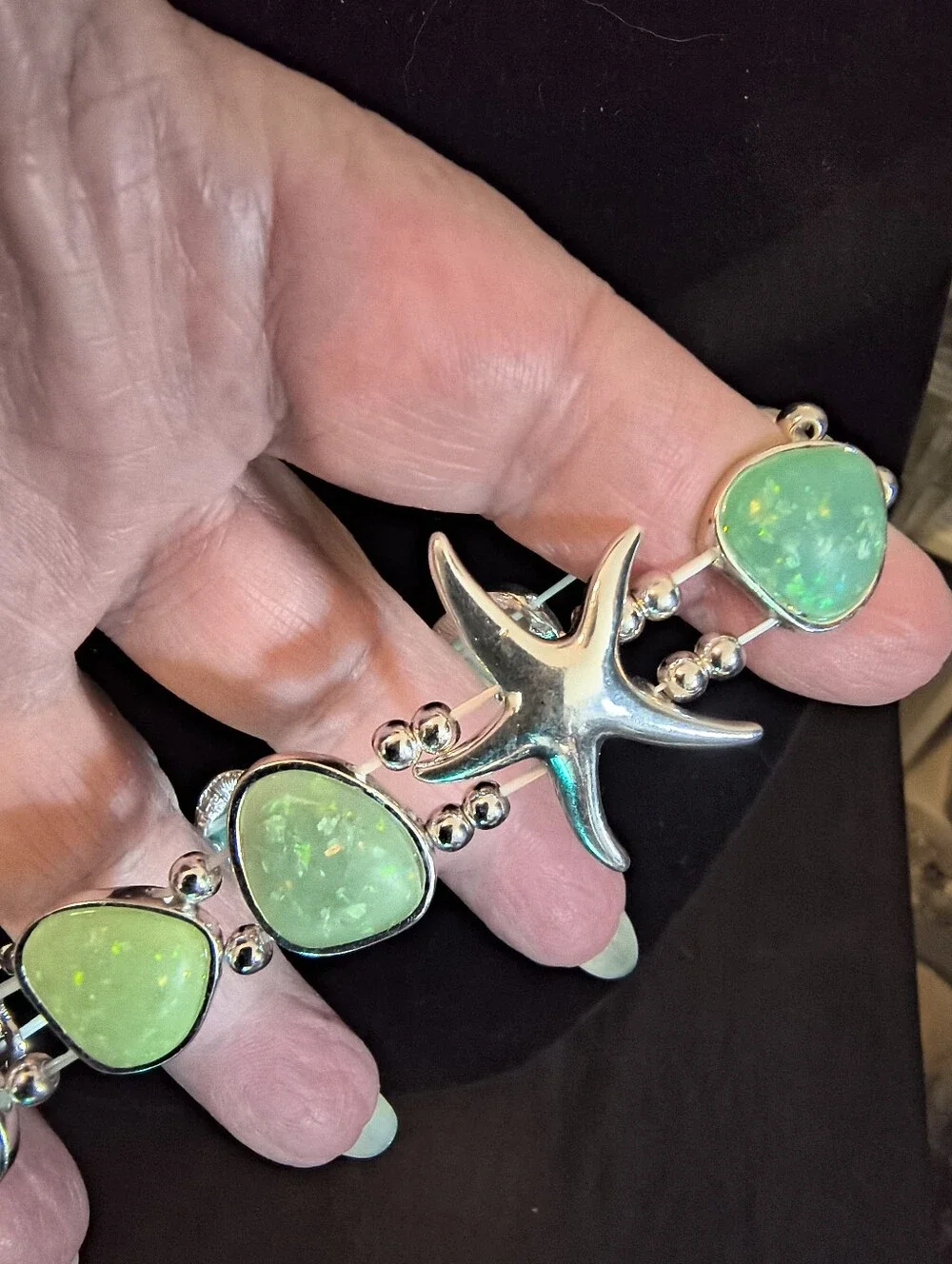 Sea Glass Starfish Bracelet 14K White Gold Plated Coastal Stretch NWOT